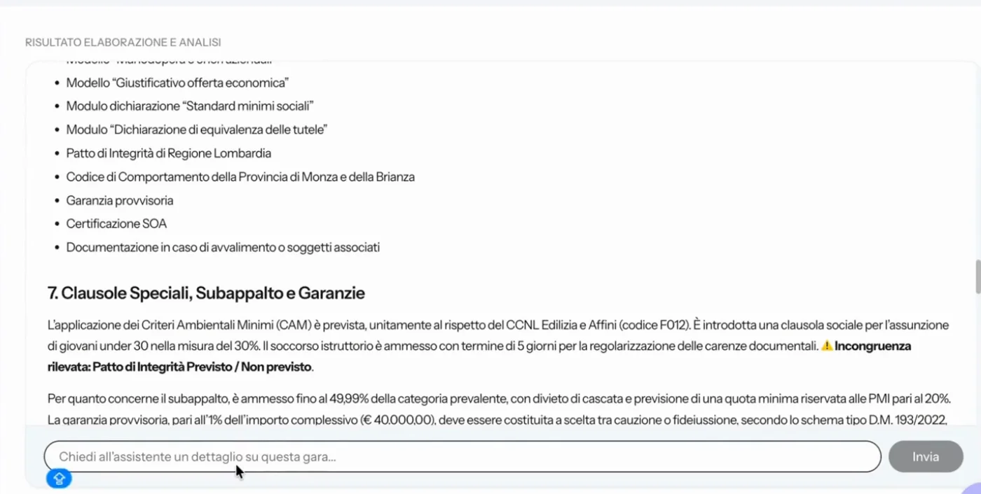 Analisi di un bando nella dashboard di LAIC, con i documenti richiesti, le clausole e la chat per chiedere chiarimenti