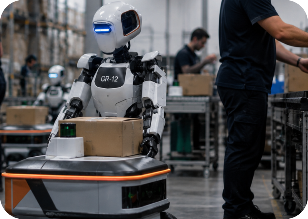 Robot umanoide che prepara kit su una linea di produzione