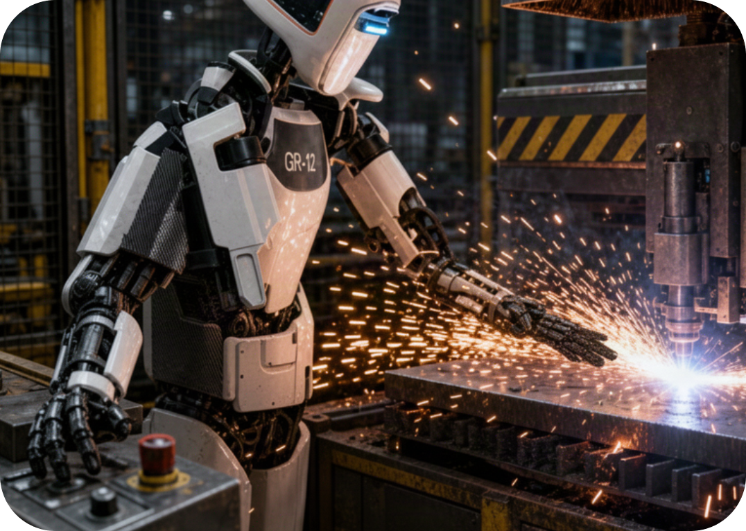 Robot umanoide impegnato in una lavorazione di saldatura