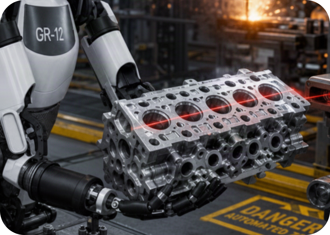 Robot umanoide che ispeziona un componente meccanico