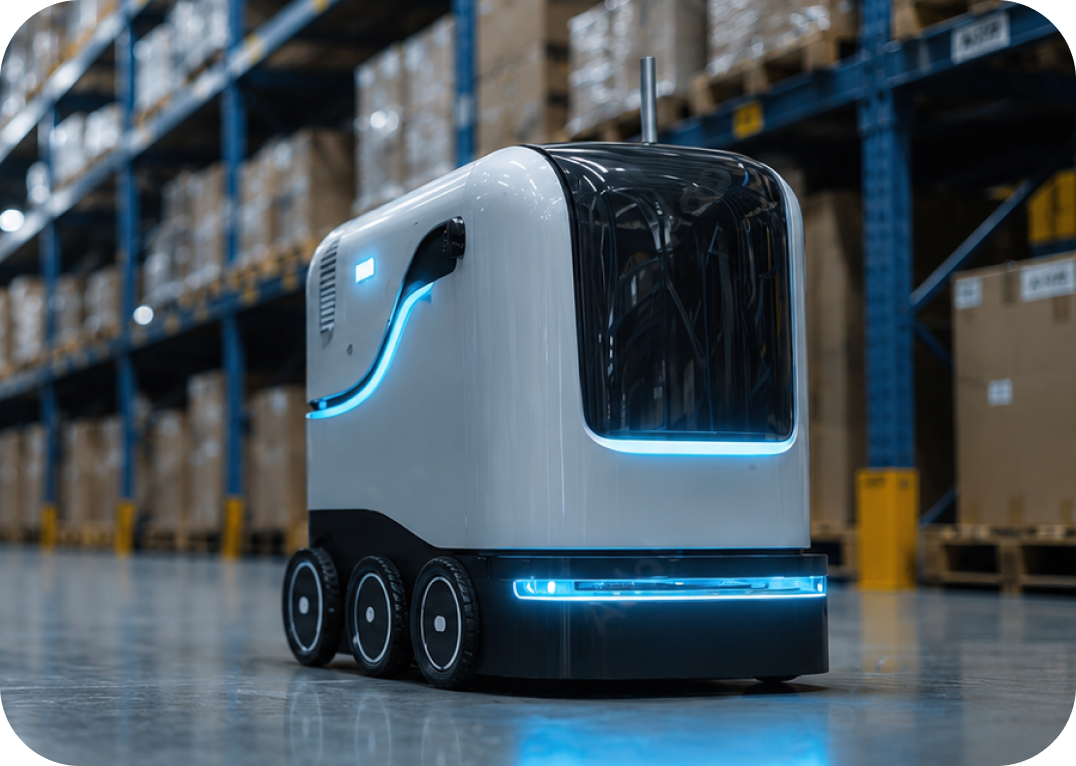 Robot autonomo che movimenta materiali in magazzino