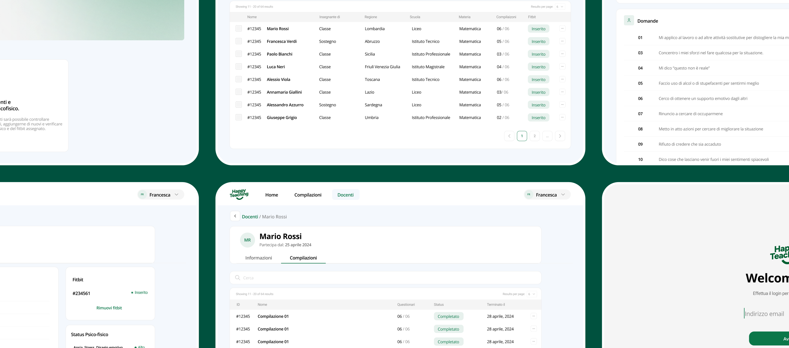 Schermate del back-office e dell'app Happy Teaching