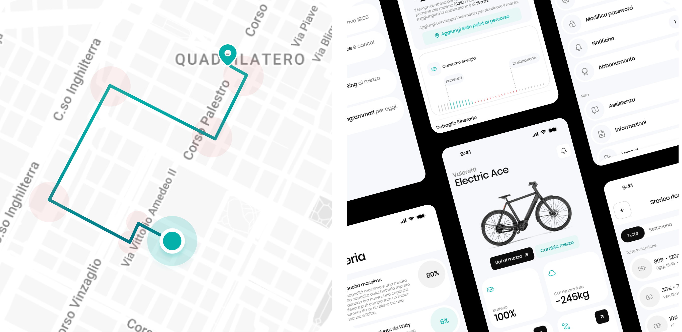 Mappa dei percorsi e schermate dell'app Witty