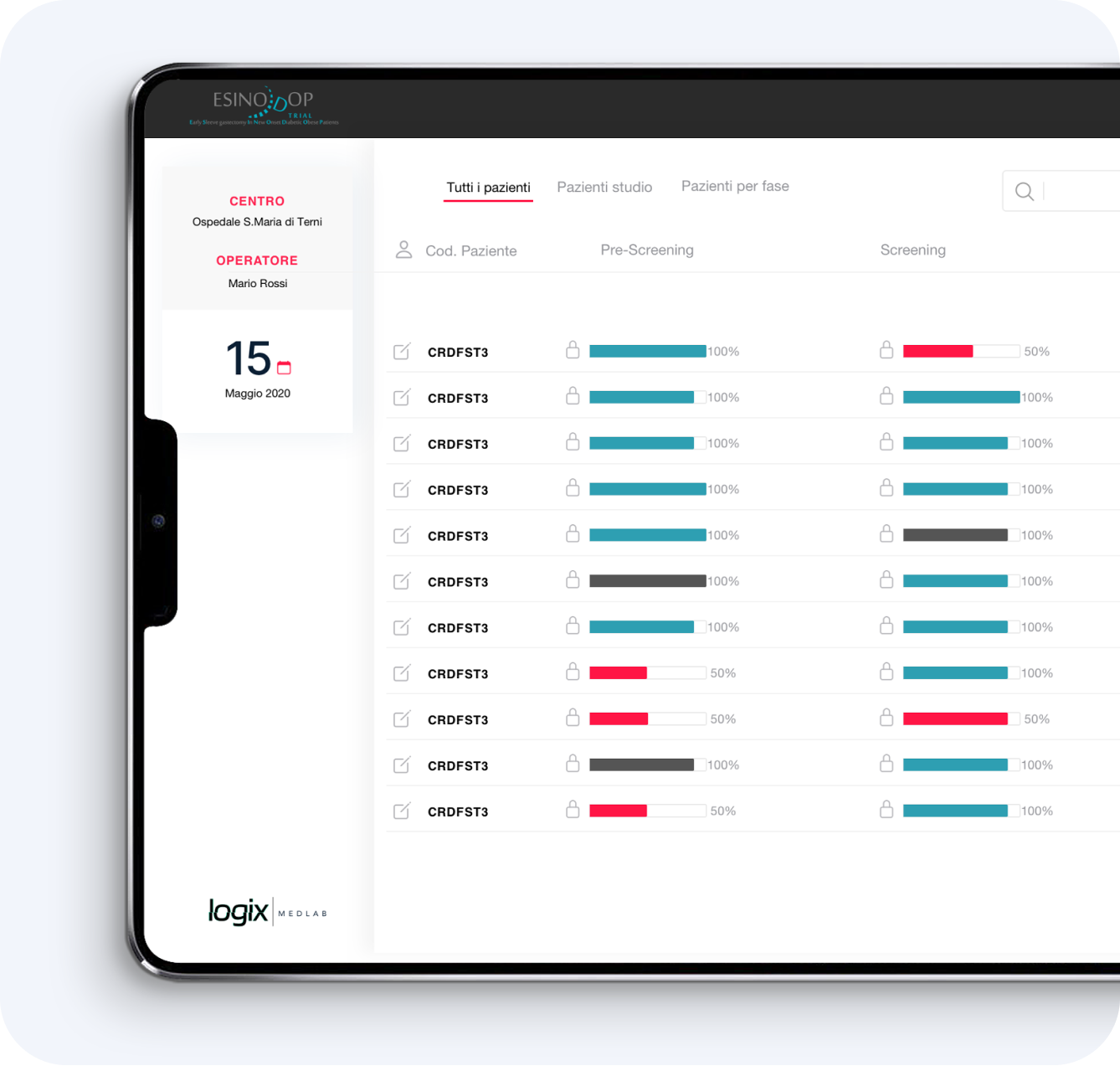 Dashboard di screening pazienti della piattaforma Esinodop