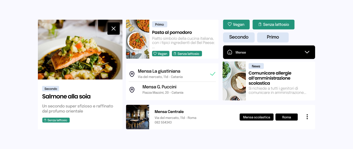 Soluzione gestione mense screen (dettaglio piatto, lista piatti, scelta menù, news)